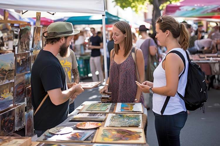 Food truck owner talking to customers